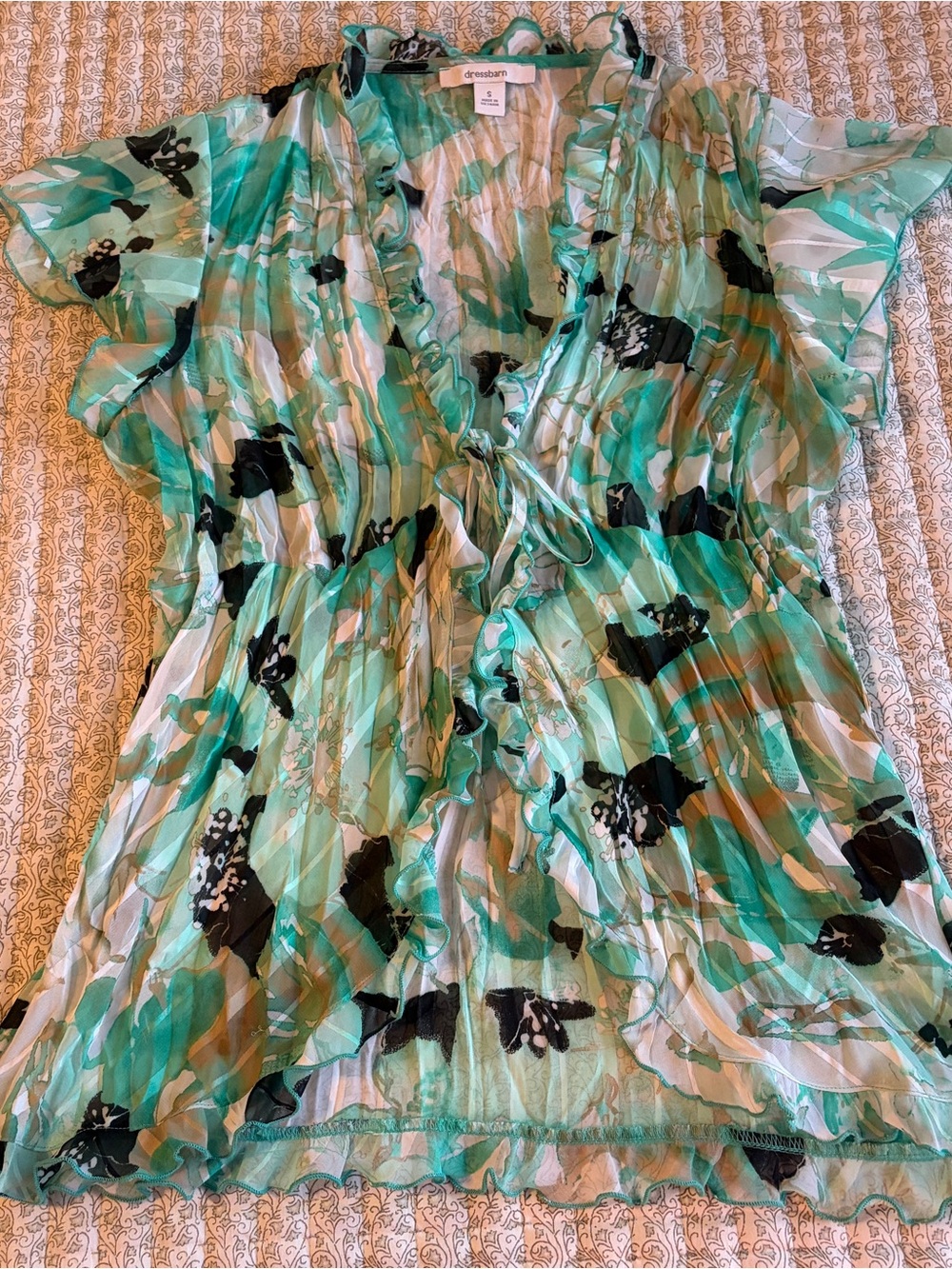 dressbarn Mint and Black Floral Ruffle Wrap Blouse